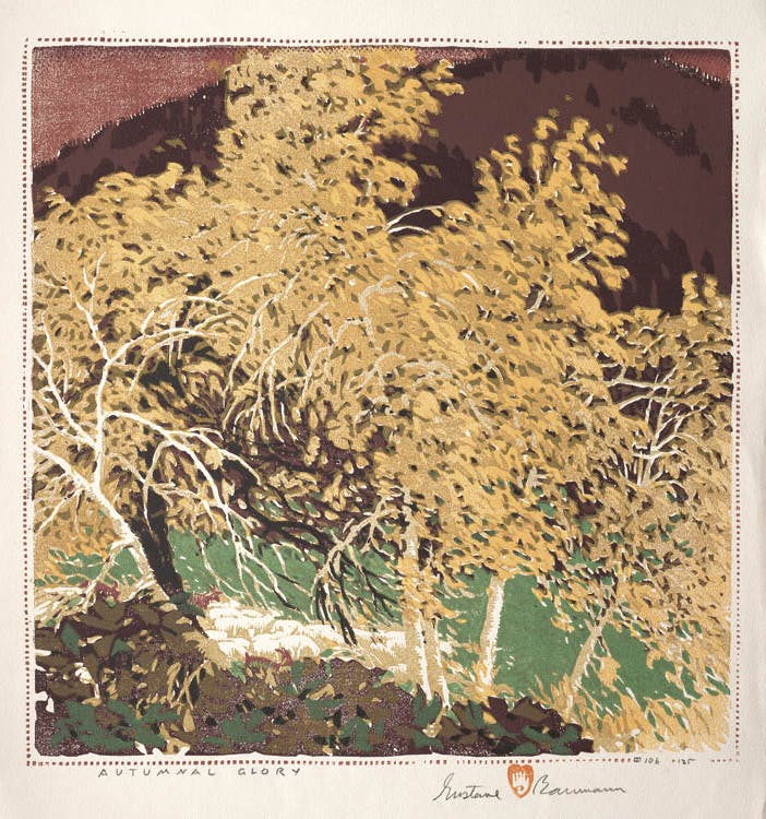 Autumnal Glory 1920, printed 1953. Gustave Baumann (American, b. Germany, 1881–1971). Color woodcut;  image: 33.3 x 32.9 cm. Gift of Ann Baumann, 2005.407.  © Ann Baumann Trust