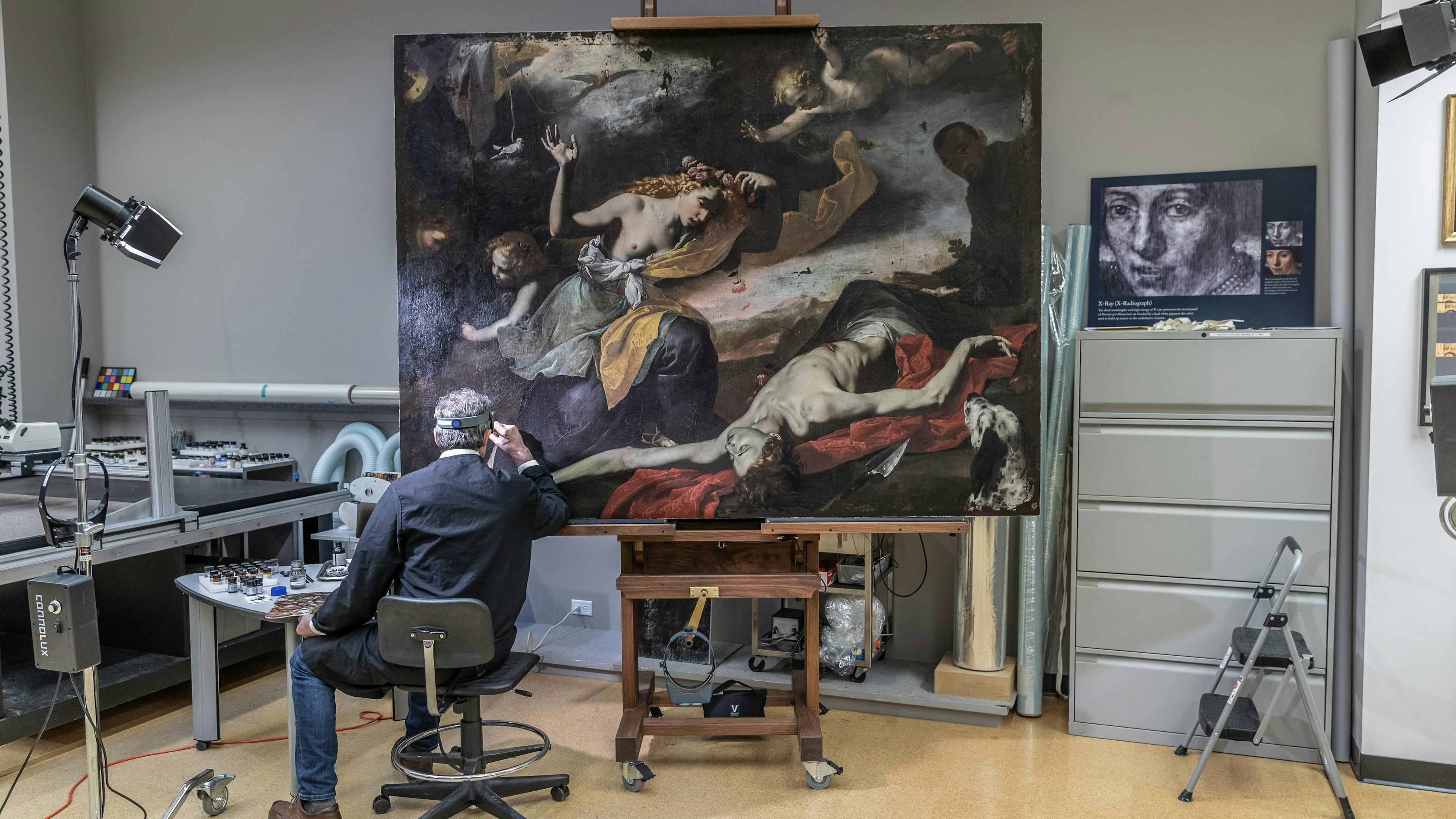 Senior Conservator of Paintings & Head of Paintings Conservation, Dean Yoder, inpainting losses on Venus Discovering the Dead Adonis.